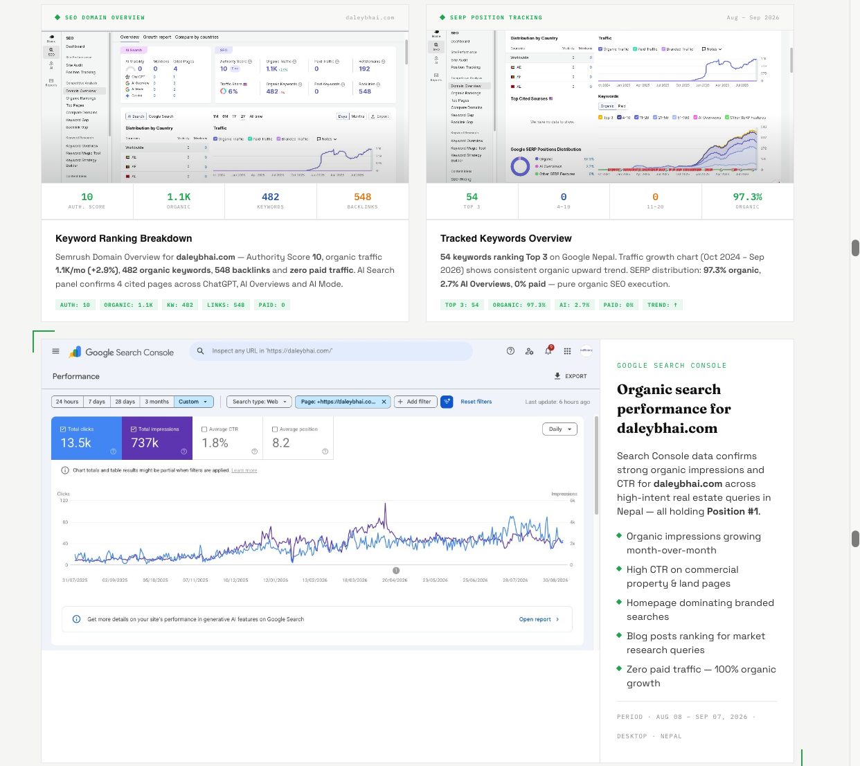 Semrush domain overview and Google Search Console performance